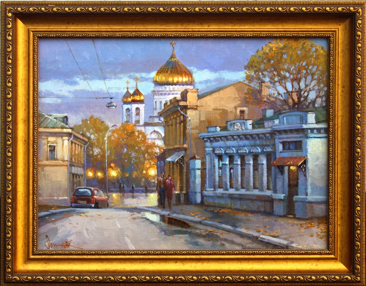 Картина художника с видом на Гагаринский переулок в Москве. Живопись, городской пейзаж