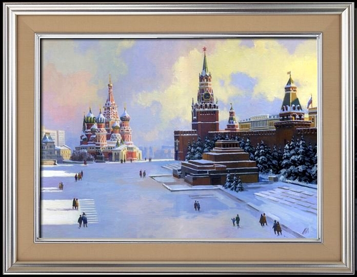 Живопись с видом Москвы и Московского Кремля. Красная площадь, зима. Картина маслом художника