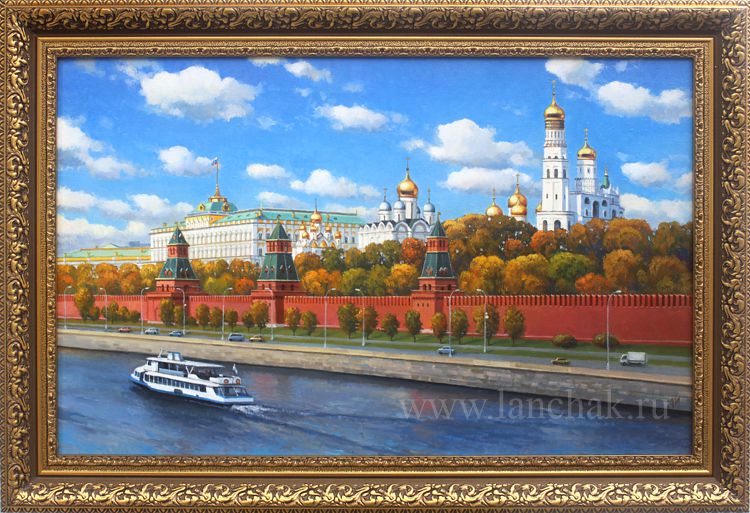 Живописный вид на Московский кремль, Кремлевская набережная. Городской пейзаж Москвы, картина художника
