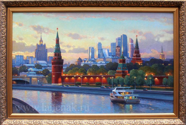 Живопись, картина художника. Городской пейзаж, вид на Московский Кремль и Кремлевскую набережную