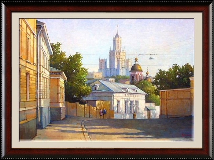 Картина художника с видом московской улицы, переулка. Городской пейзаж