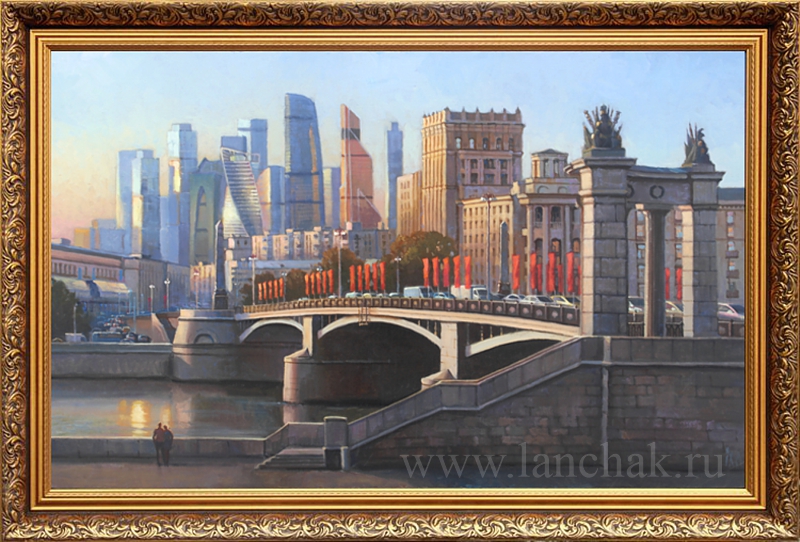 Живопись, городской пейзаж. Москва-Сити, Бородинский мост. Картина художника