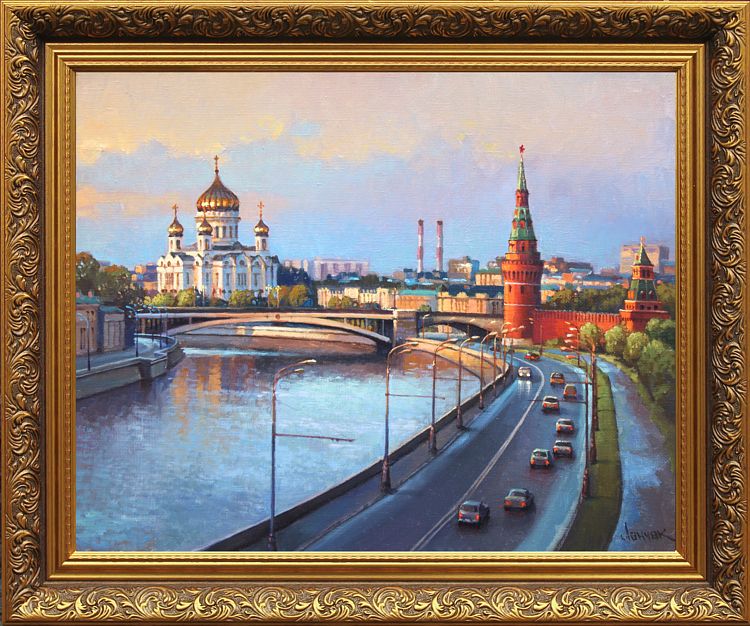 Картина московского художника с видом на Кремлевскую набережную. Городской пейзаж Москвы