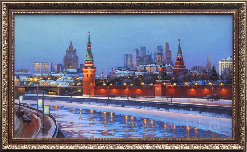 Картина маслом с ночным видом Московского Кремля художника Ланчака. Живопись, городской пейзаж