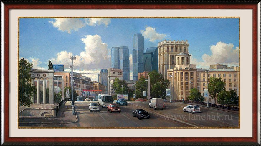 Городской пейзаж Москвы с видом на Москва-Сити и Бородинский мост. Живопись маслом