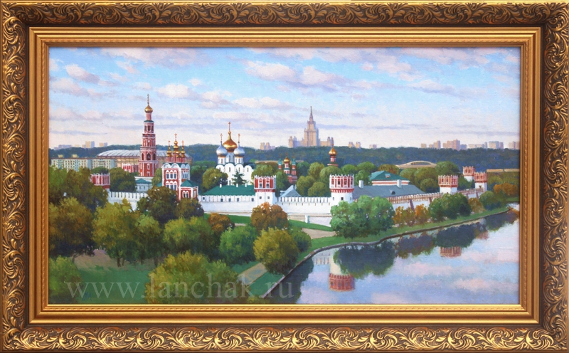 Панорама Москвы с видом на Новодевичий монастырь и Воробьевы горы. Живопись маслом, городской пейзаж