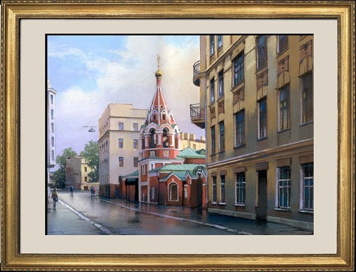 Картина художника Ланчака. Вид Филипповского переулка в Москве. Городской пейзаж
