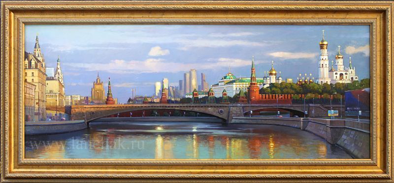 Картина с видом на Кремль. Раннее утро в Москве. Городской пейзаж, живопись