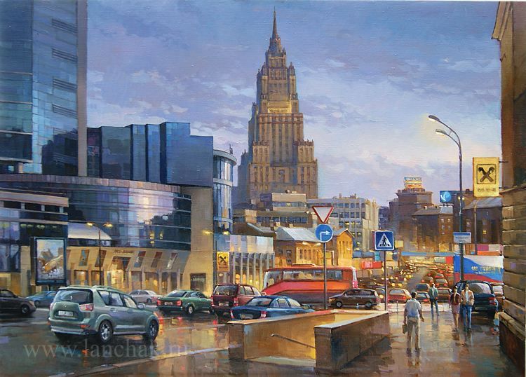Картина маслом на холсте с изображением Москвы. Садовое Кольцо, вид улиц Москвы