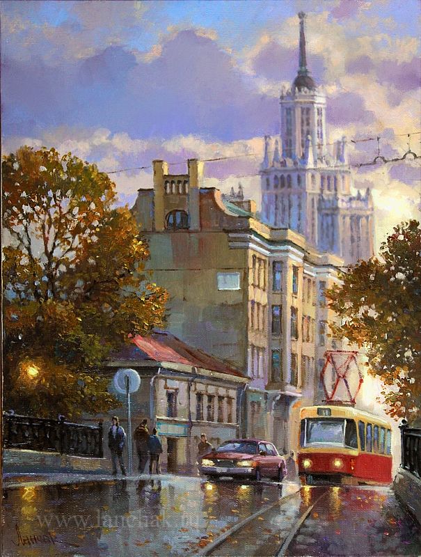 Московский бульвар. Вечер, старый трамвай. Картина художника М. Ланчака