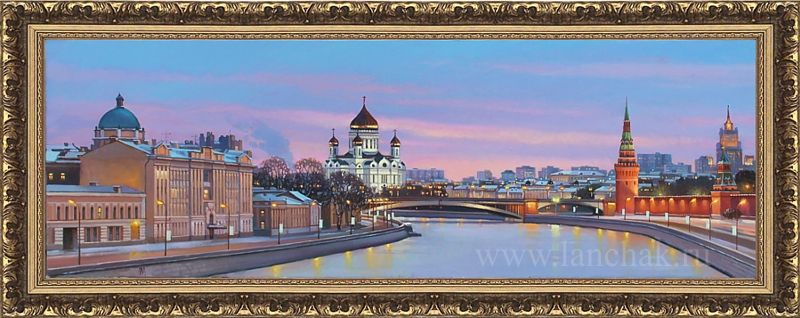 Панорамный вид Москвы на Москву-реку и храм Христа. Картина маслом на холсте
