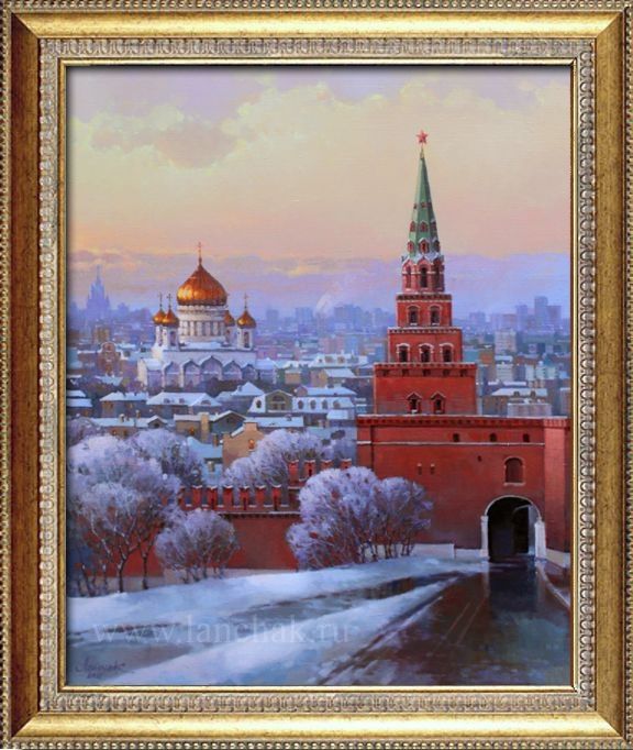 Живопись, картина городской пейзаж Москвы. Вид на бешни Кремля