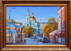 Картина с видом Москвы маслом на холсте художника Ланчака. Богоявленский собор