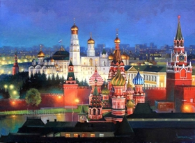 Картина маслом с видом Московского Кремля и Храма Василия Блаженного. Ночная Москва