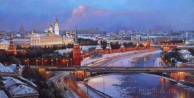 Живописный пейзаж Москвы с видом на Кремль. Панорама ночной Москвы. Картина художника Ланчака