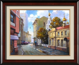 Живопись, картина маслом на холсте с изображением старого переулка Москвы