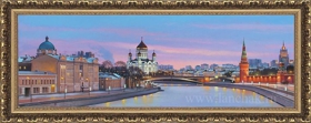 Панорамный вид Москвы на Москву-реку и храм Христа. Картина маслом на холсте