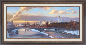 Вид Кремля на закате зимой. Городской пейзаж Москвы. Картина художника маслом на холсте
