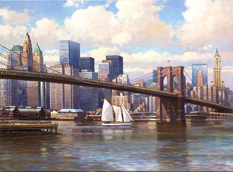 Нью Йорк. Бруклинский мост. Картина маслом