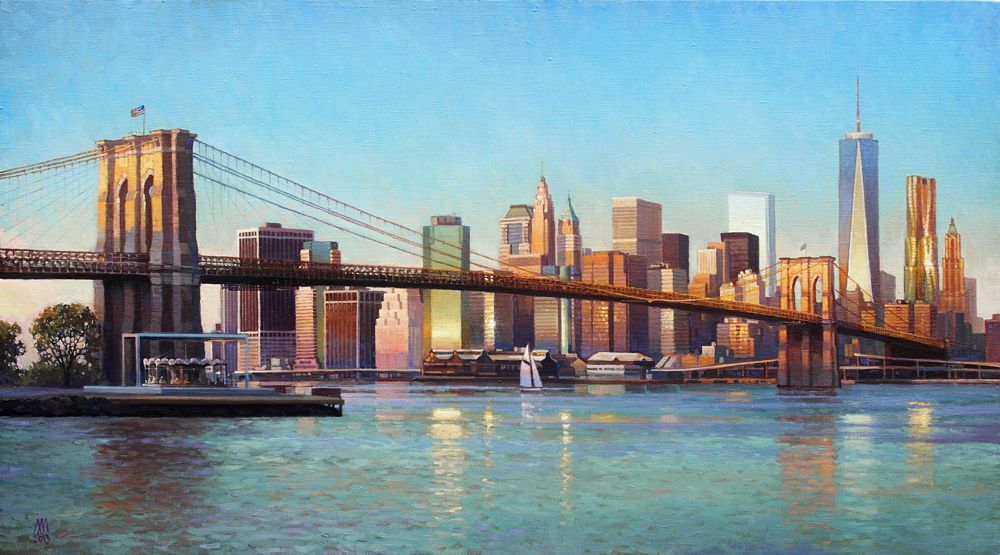 Нью Йорк. Вид на Бруклинский мост. Картина маслом
