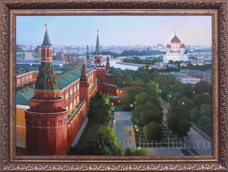 Александровский сад городской пейзаж с видом на Москву, Кремль и Александровский сад картина маслом Максима Ланчака купить