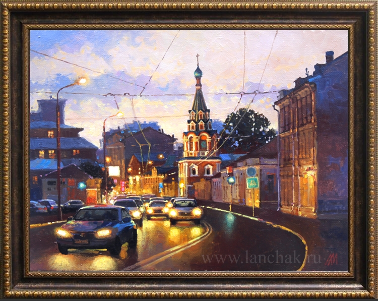 Ночная Москва, улица Большая Полянка, городской пейзаж, картина маслом