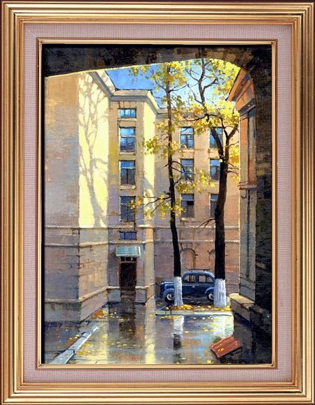 Уютный московский дворик в старом районе столицы, городской пейзаж, картина маслом художника Максима Ланчака купить