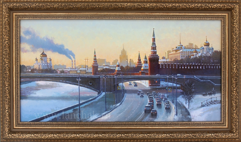 Вид ночной заснеженной москвы с огнями. Картина маслом на холсте