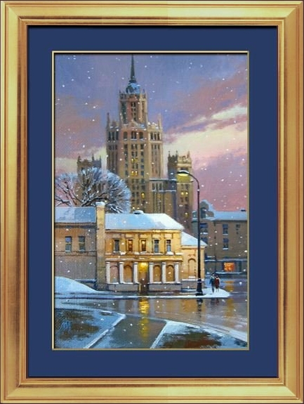 Красочный закатный вид на центр Москвы, набережную реки и Кремль. Холст, масло