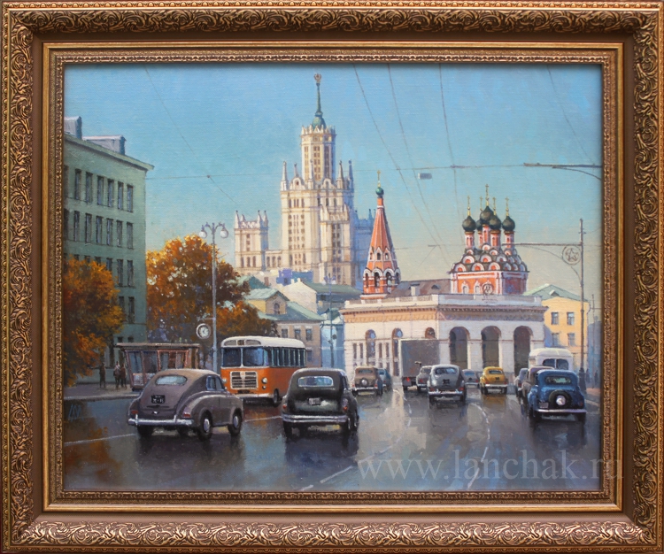 Солнечный день в Москве, светлый городской пейзаж с Кремлем, картина маслом