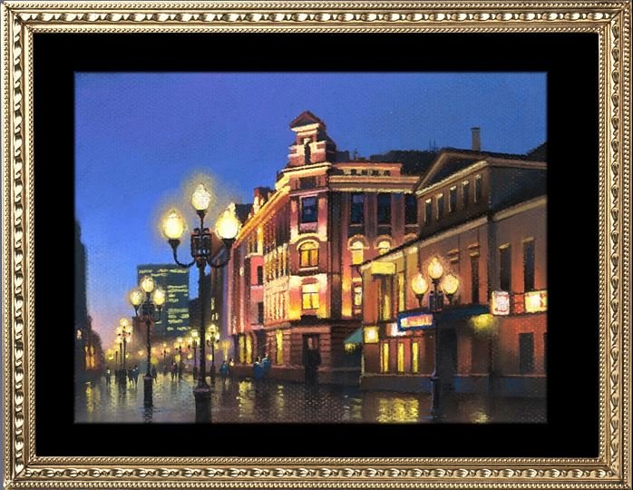 Набережная реки Яуза в Москве, вечерний вид с огнями. Картина маслом на холсте