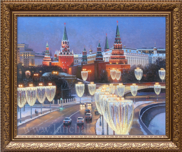 Праздничный вид Москвы, освещенной огнями, картина маслом Максима Ланчака купить