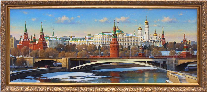 Зимняя панорама Московского Кремля, заснеженный городской пейзаж, картина маслом