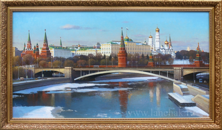 Панорама Кремля. Весна. Картина маслом на холсте 55х100 см.