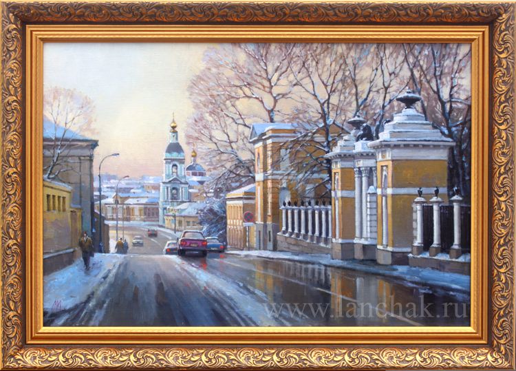 Историческая улица района Таганки Верхняя Радищевская, первый снег в Москве. Холст, масло
