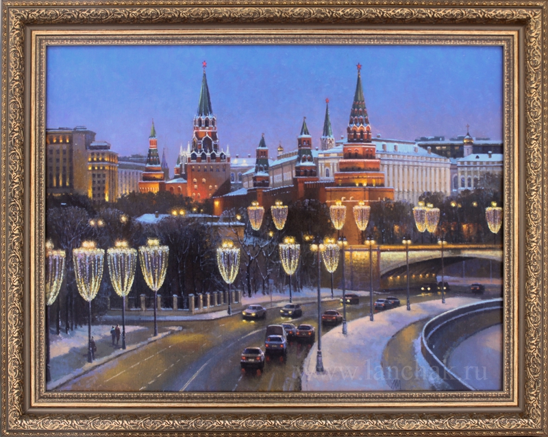 Панорамный вид ночной Москвы зимой. Картина маслом