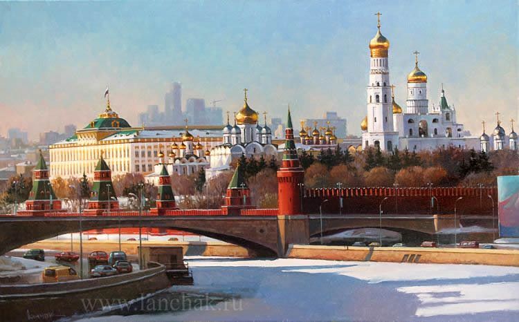 Солнечный день в Москве, светлый городской пейзаж с Кремлем, картина маслом