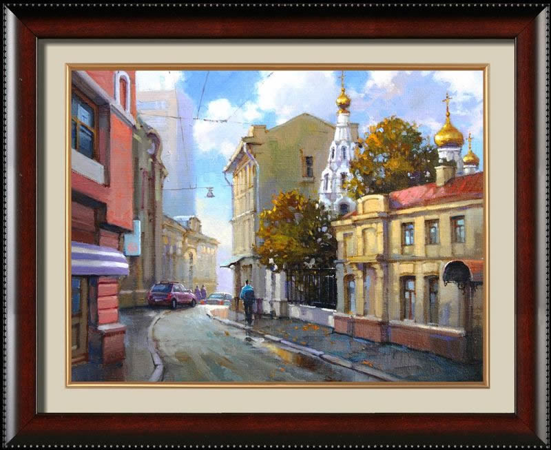 Ностальгический вид старого московского переулка, картина маслом