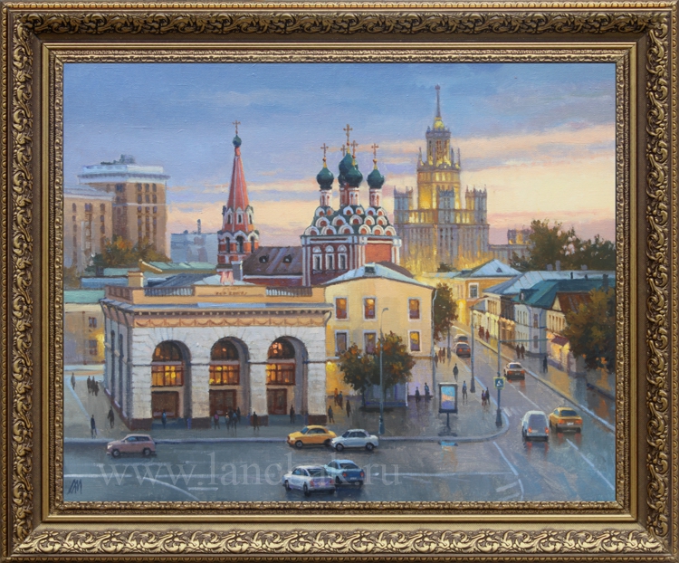 Вечерний вид Таганкой площади с московской высоткой на заднем плане, городский пейзаж, картина маслом Максима Ланчака купить