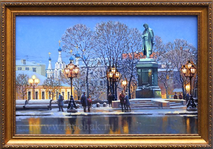 Тверской бульвар в Москве, городской пейзаж с аллеей и домами, картина маслом