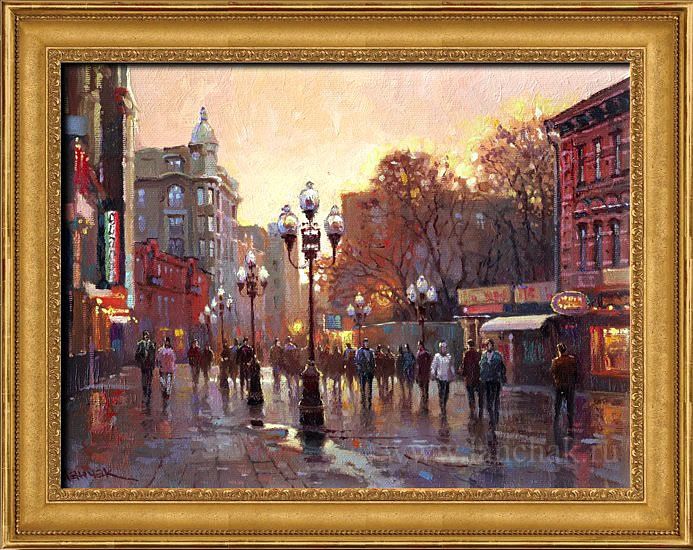 Вечерний вид знаменитой московской улицы Арбат, городской пейзаж, картина маслом Максима Ланчака купить