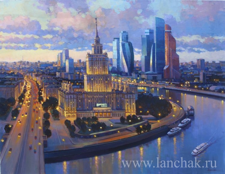 Вечерняя Москва, мягкий свет фонарей и домов, городской пейзаж, масло