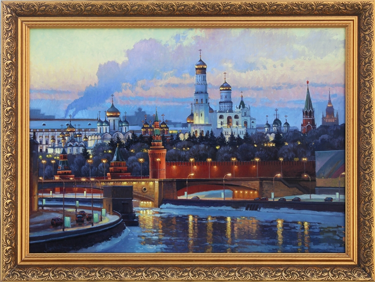 Вечерний вид на Кремль зимой, городской пейзаж Москвы, холст, масло