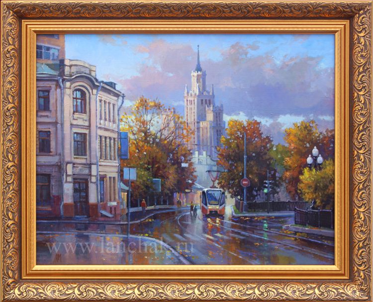 золотая осень на бульваре с ретро-трамваем, падающими листьями и московской высоткой, картина художника