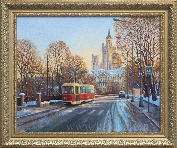 Яузский бульвар со старым трамваем.  городской пейзаж, картина маслом