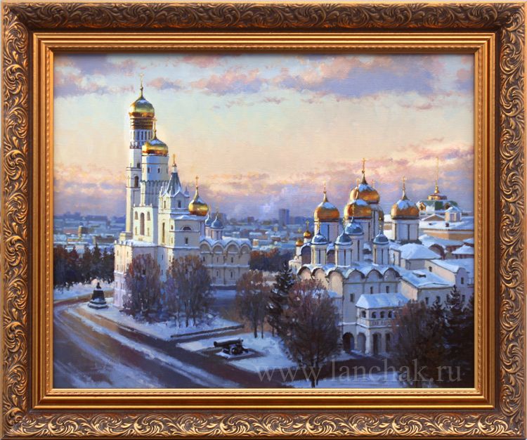 Картина Золотые купола, вид московского храма с золотыми куполами, городской пейзаж, масло
