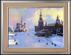 Зимняя Красная площадь, заснеженный собор, масло