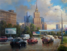 Вечерняя Москва, тёплый свет заката в центре города