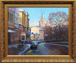 Лубянский проезд в центре Москвы, картина маслом