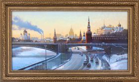Морозный день в Москве, заснеженный Кремль и мост, масло